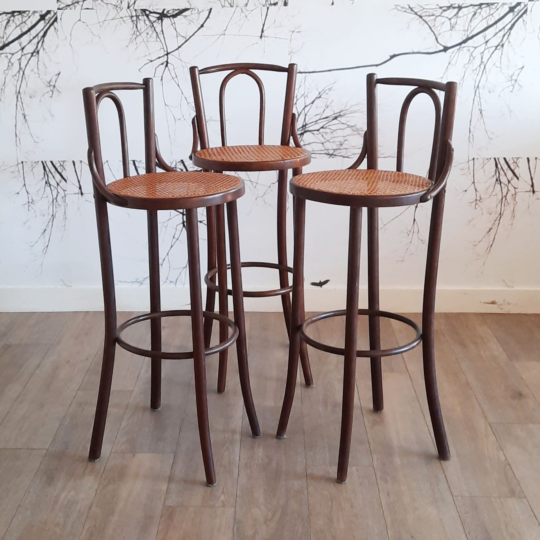Set of 3 bentwood bar stools with rattan seats, 1970s