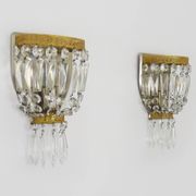 Pair of vintage bronze basket wall lights with glass pendants. The 50's