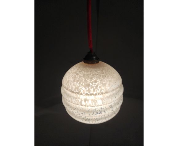 Vintage strolling suspension in pink Clichy glass and woven cotton electric wire