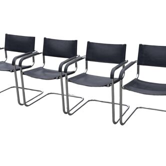 Set of 4 bauhaus cantilever chairs black leather and chrome design 80's