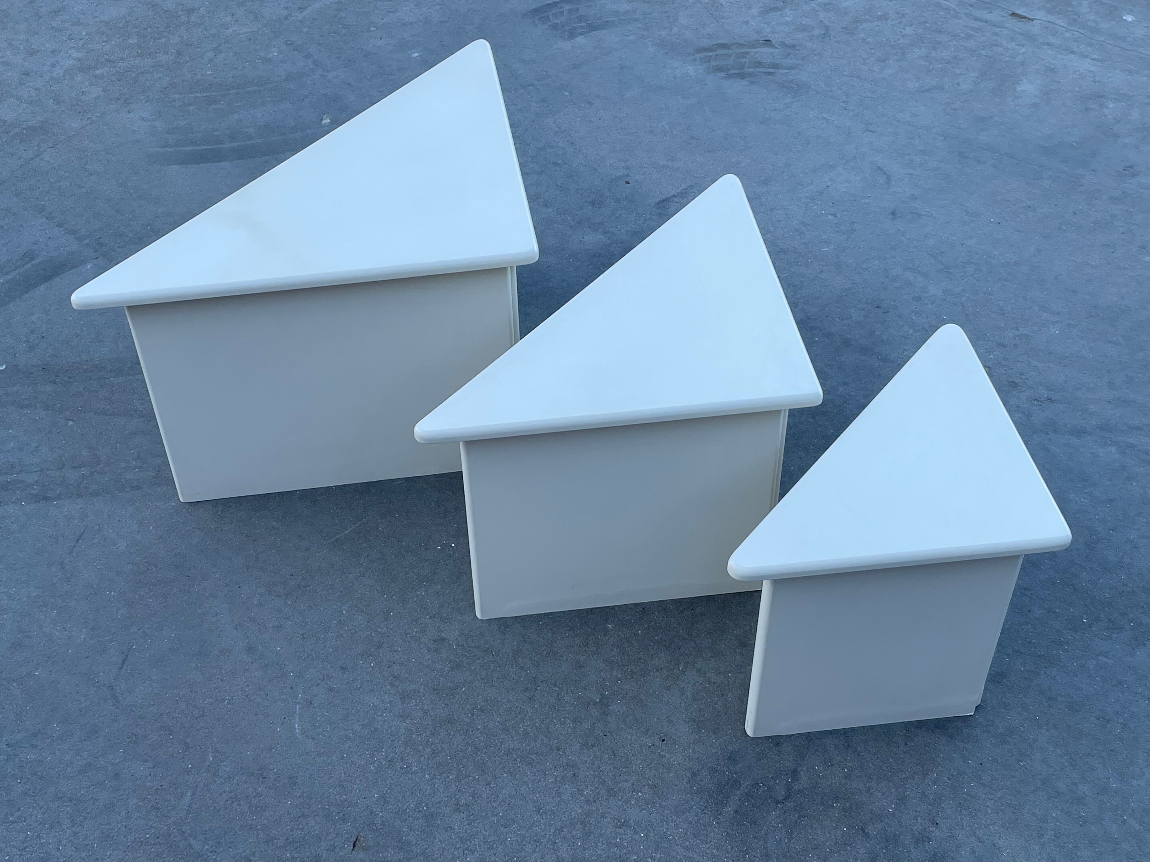 Set of three triangle side tables wood white creme design