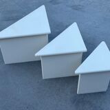 Set of three triangle side tables wood white creme design
