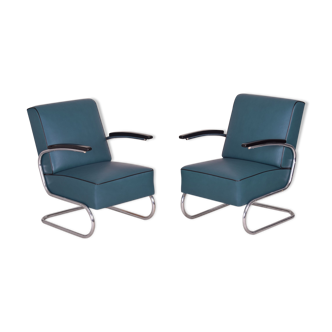 Pair of Blue leather Mucke Melder armchairs made in 1930s Czechia.