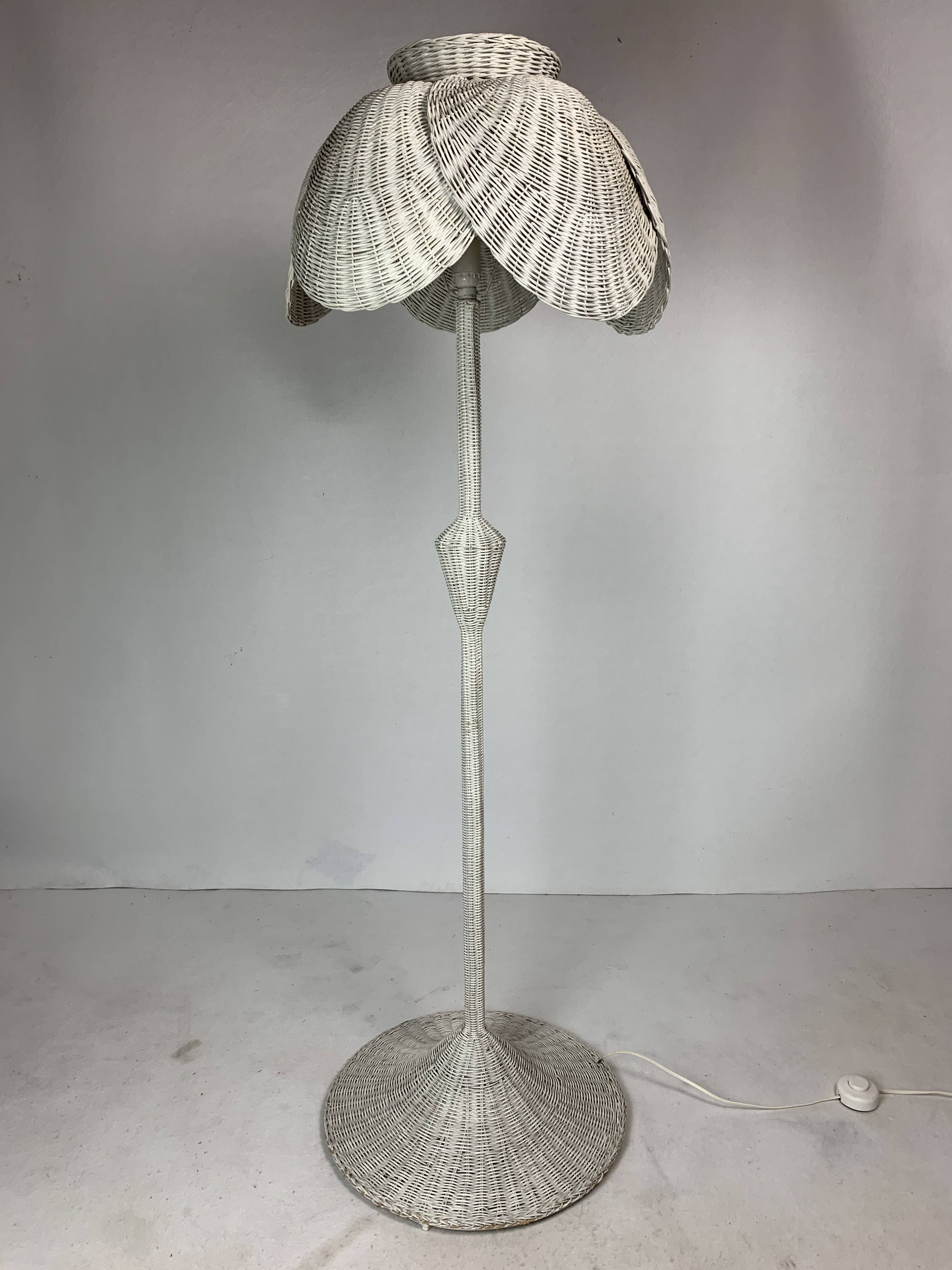 Mid-century French rattan wicker boho floor lamp, 1950s-1960s
