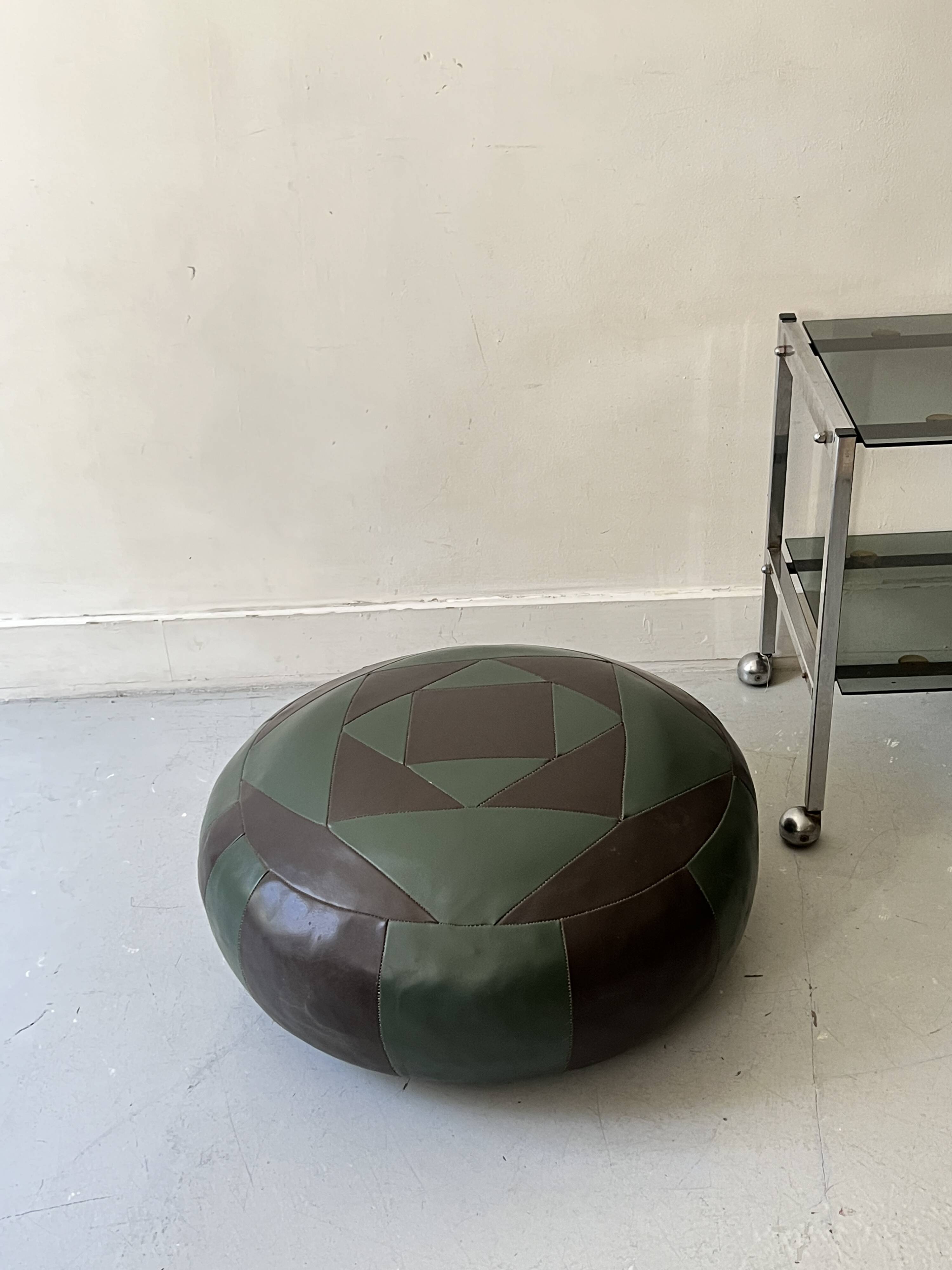 round pouf in genuine green and brown patchwork leather, 1970