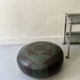 pouf rond en cuir véritable patchwork vert et marron, 1970
