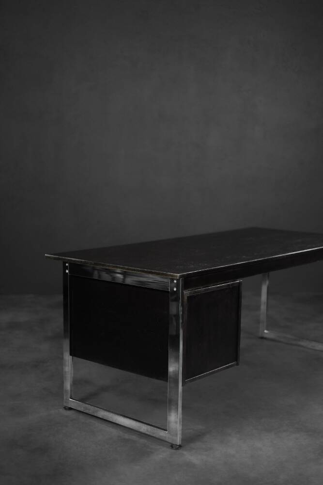 Vintage Mid-Century Danish Black Modern Minimalist Oak Office Desk with Chrome Base, 1970s