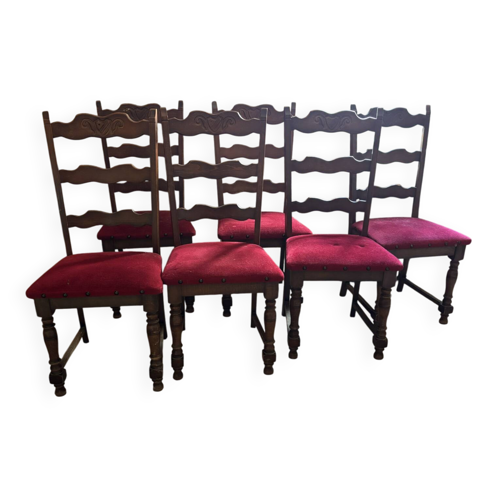 6 antique wooden and fabric chairs