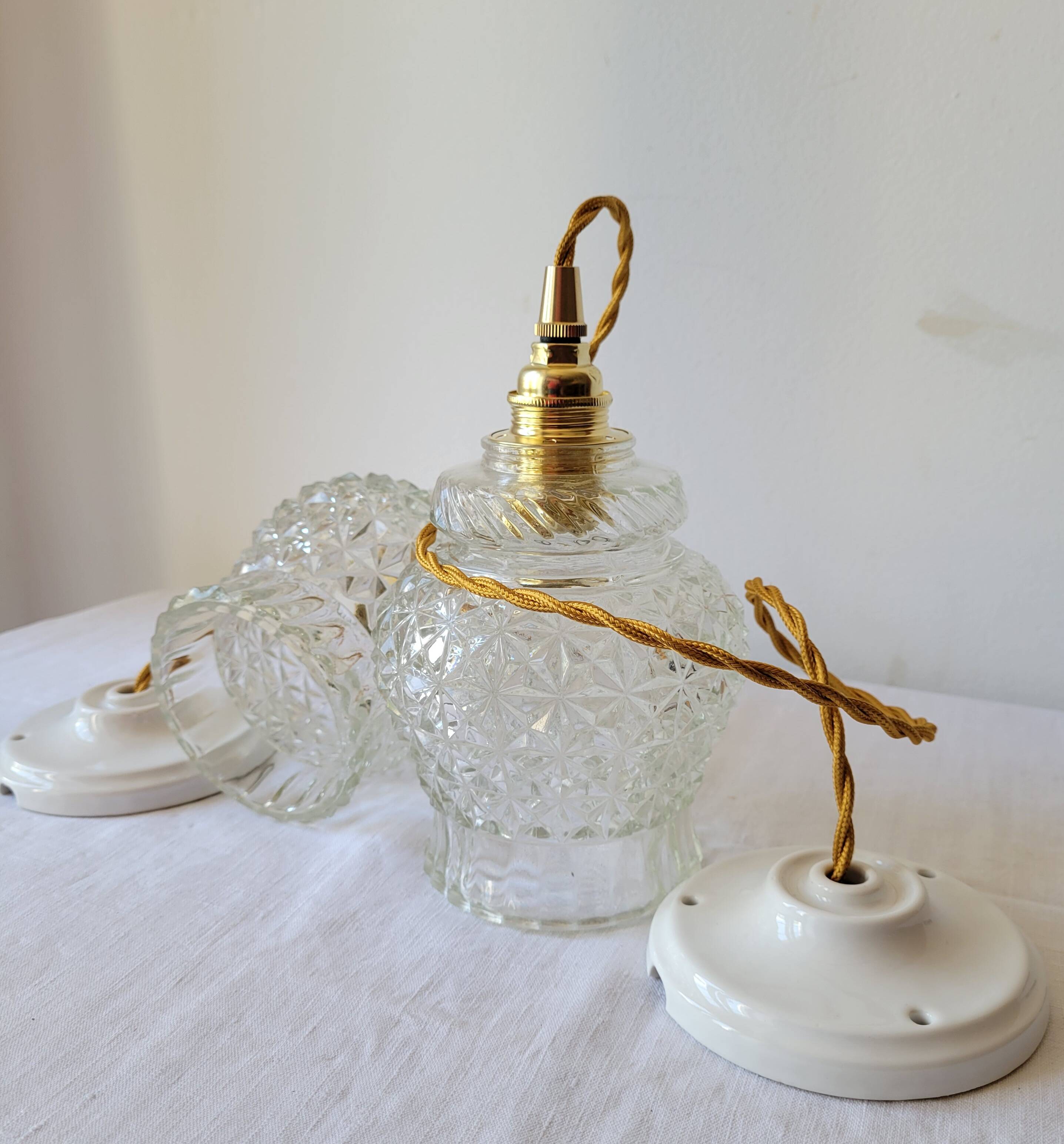 Duo of molded glass pendant lights