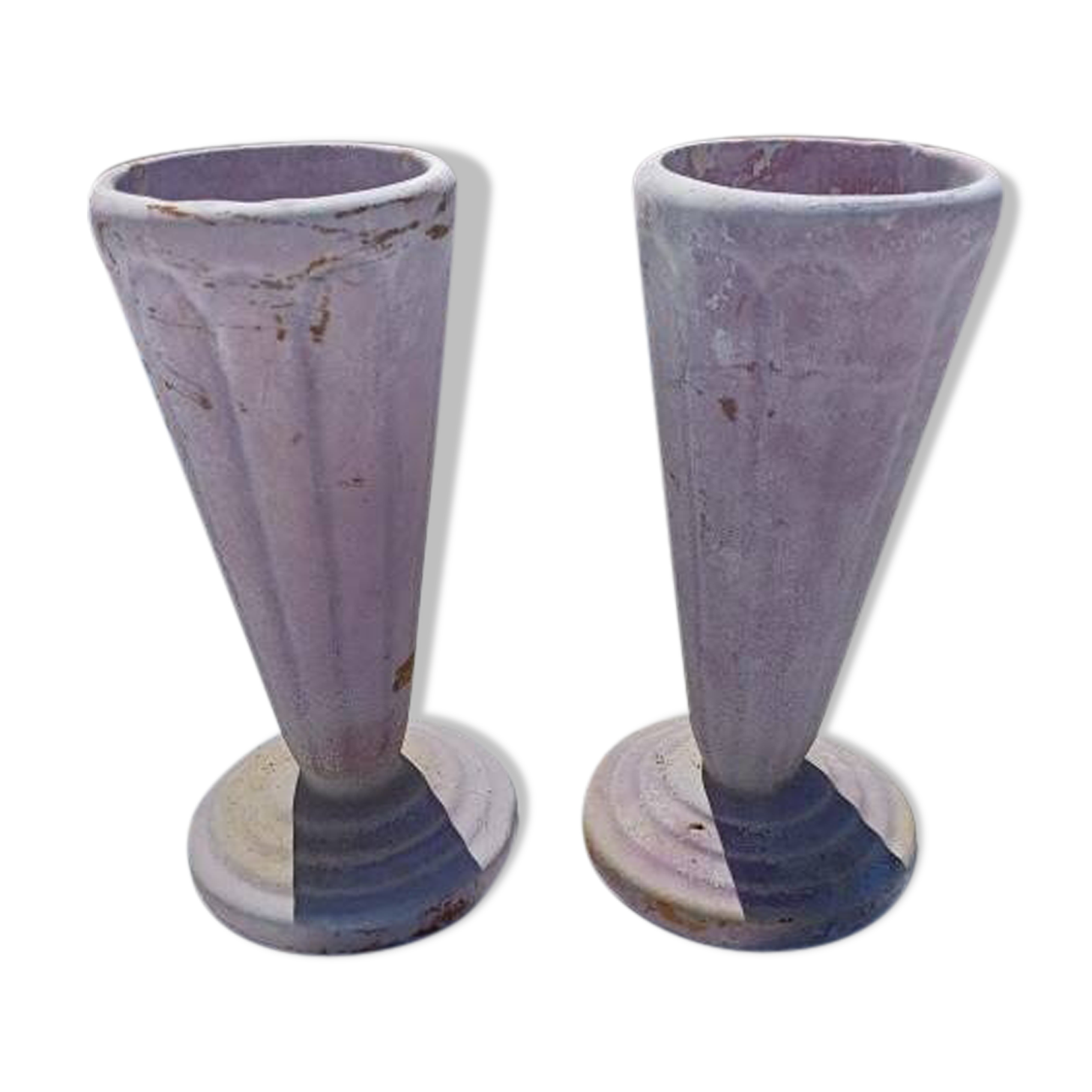 Pair of mauve enamelled cast iron art deco vases from Charleville-Mézières