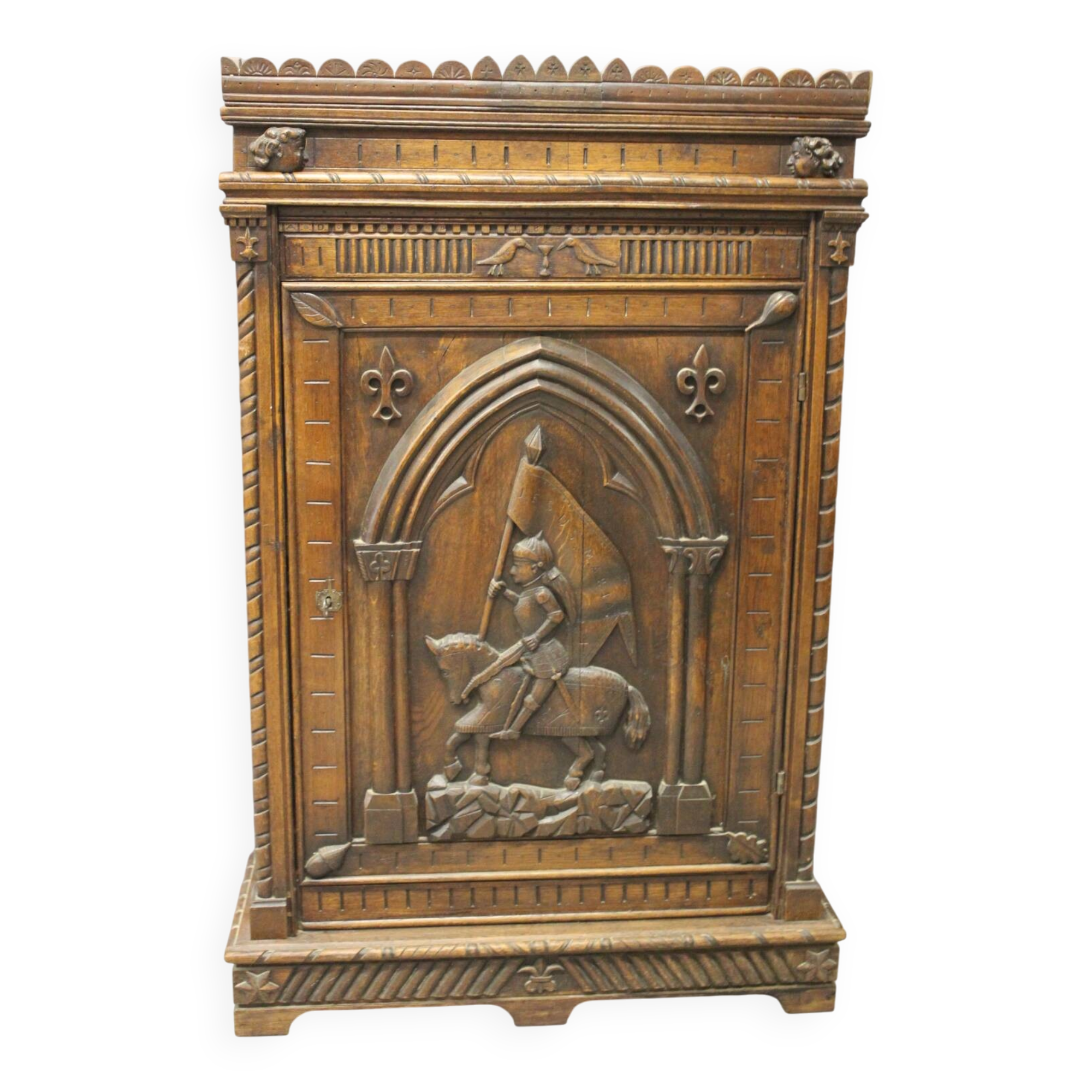 Henri II Style Oak Bonnetière with Joan of Arc Decor, Late 19th Century