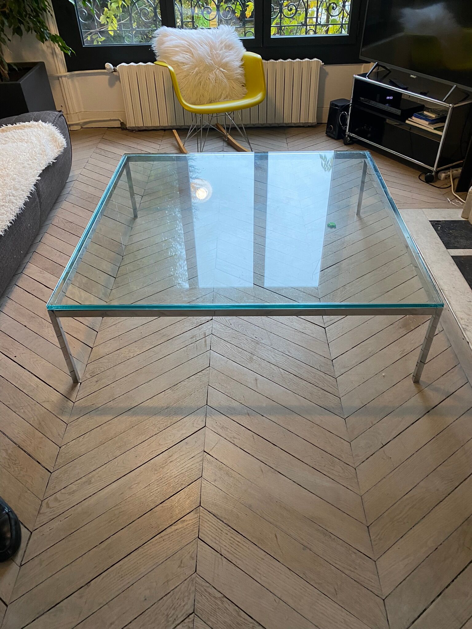 Table basse design Italien verre épais et acier brossé