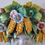 Vintage Italian ceramic wall mask, handmade, decorated with floral details