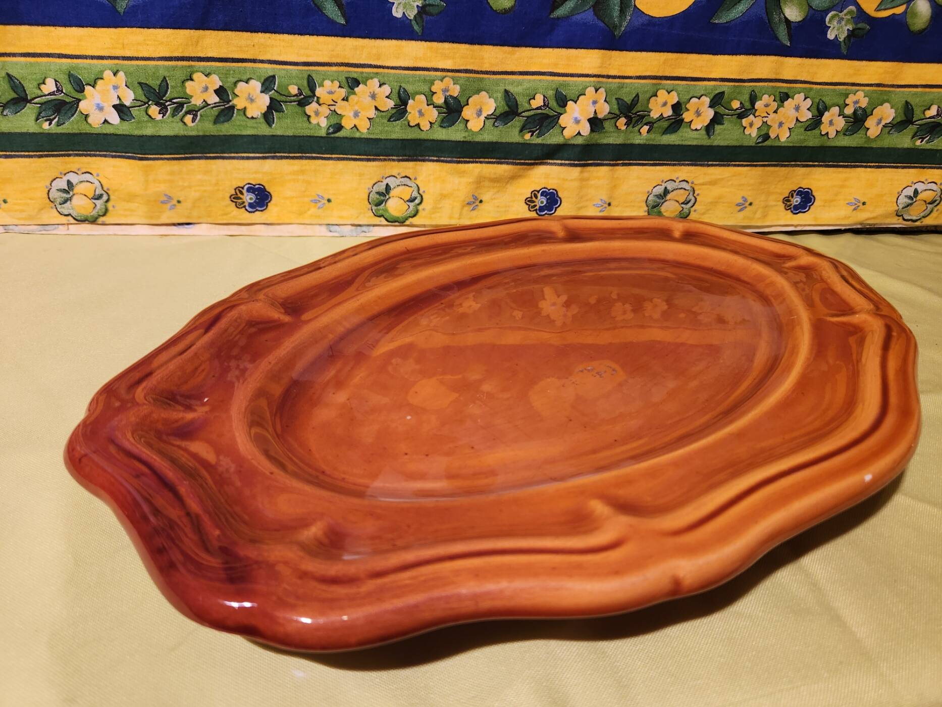 Large thick oval serving dish, Provence ceramic fleur-de-lis