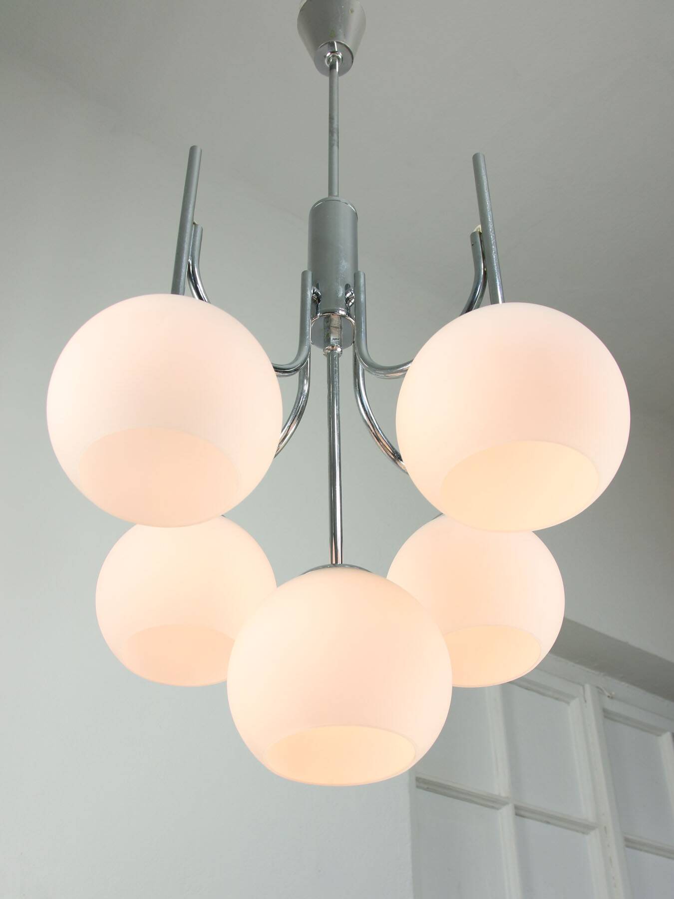 Vintage Italian Chrome and Opaline Chandelier, 1970s