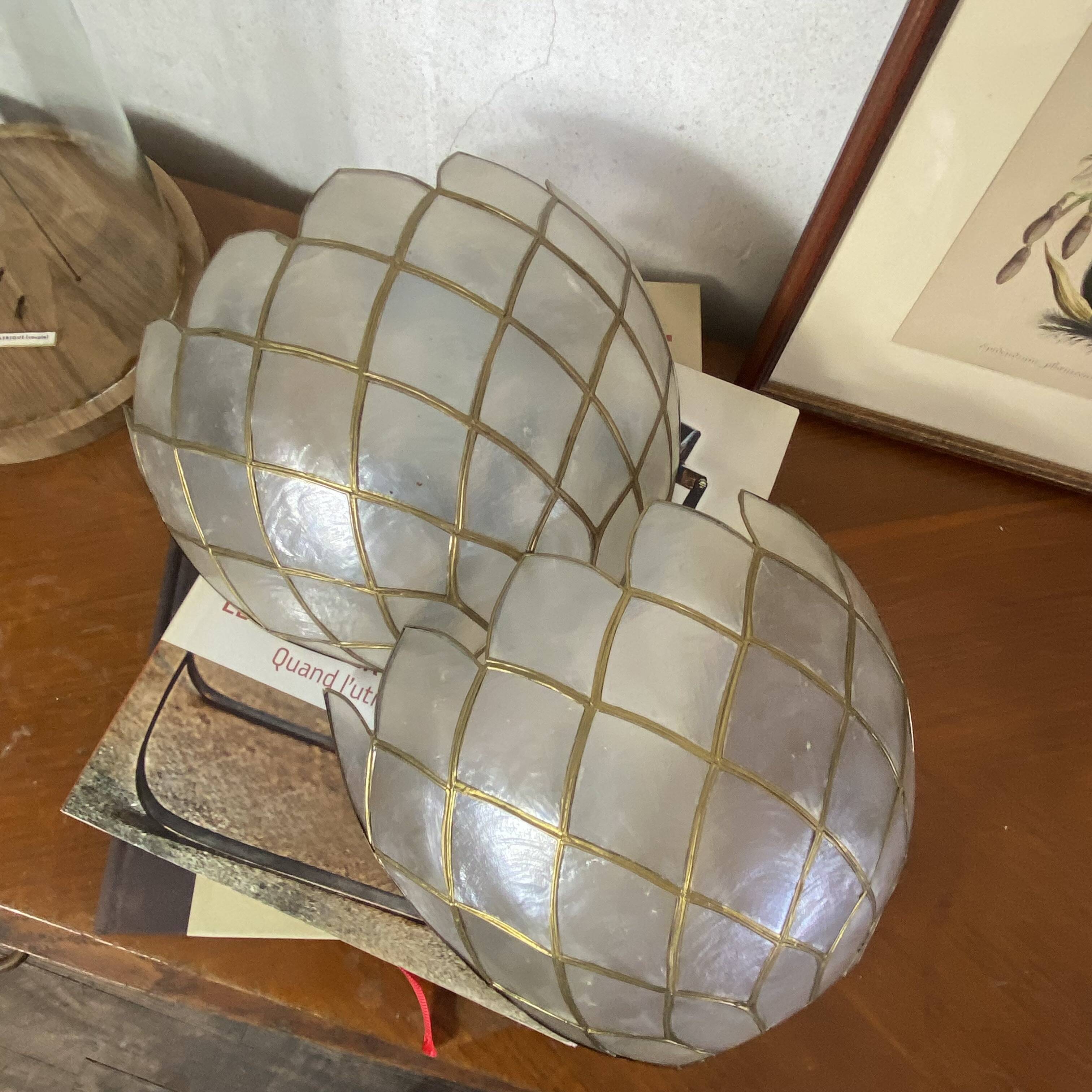Pair of vintage capiz shell wall lights half moon 1950s 1960s