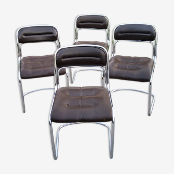 Set de 4 chaises des années 70 tubes chromés et moleskine marron