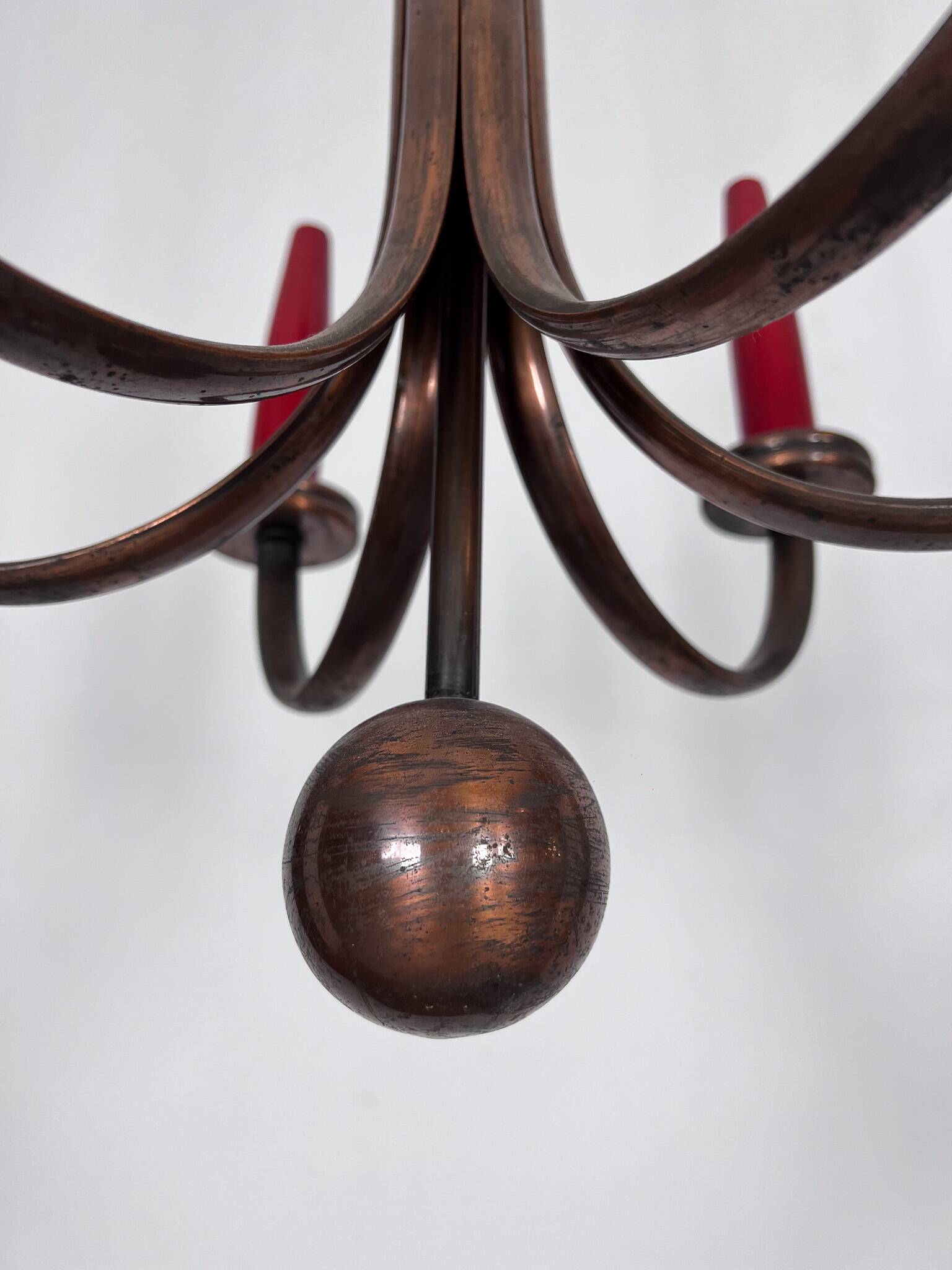 Mid-Century Modern six arms copper chandelier in Gio Ponti style. Italy 195