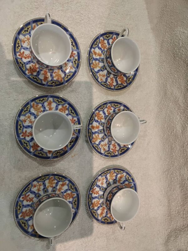 6 tasses 6 sous tasses porcelaine Christofle modèle Oceana Ginkgo bleu