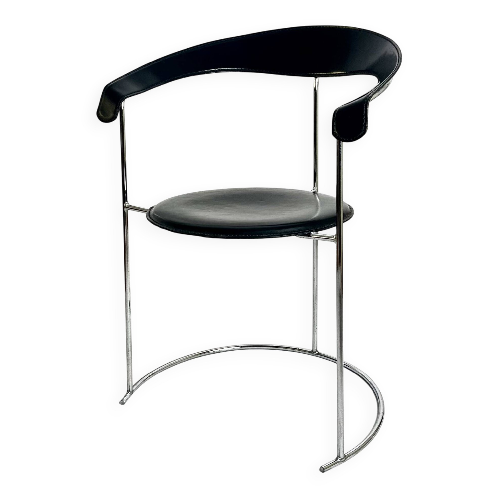 Vintage Arrben “Canasta” Chair, Black Leather & Metal, Italy, 1980s
