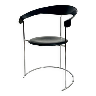 Vintage Arrben “Canasta” Chair, Black Leather & Metal, Italy, 1980s
