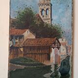 Tableau huile sur toile, vue ancienne de la ville, fin 19ème siècle