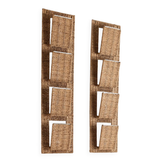 Two Beige Rattan Magazine Racks - Vintage 1980s Italian Mid-Century Wall Storage, 4 Compartments Each