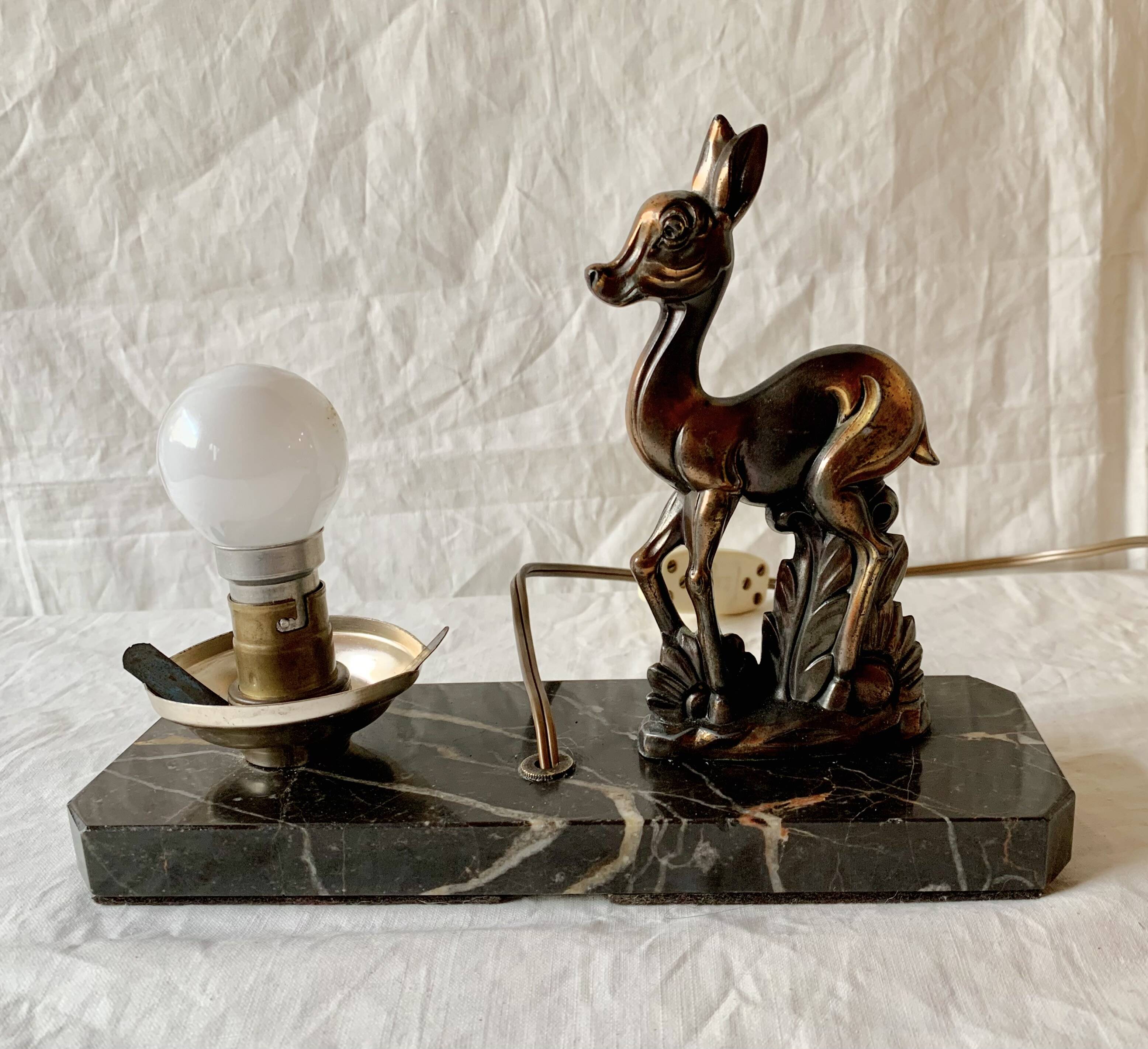 Art Deco bedside lamp - Globe and fawn on marble base