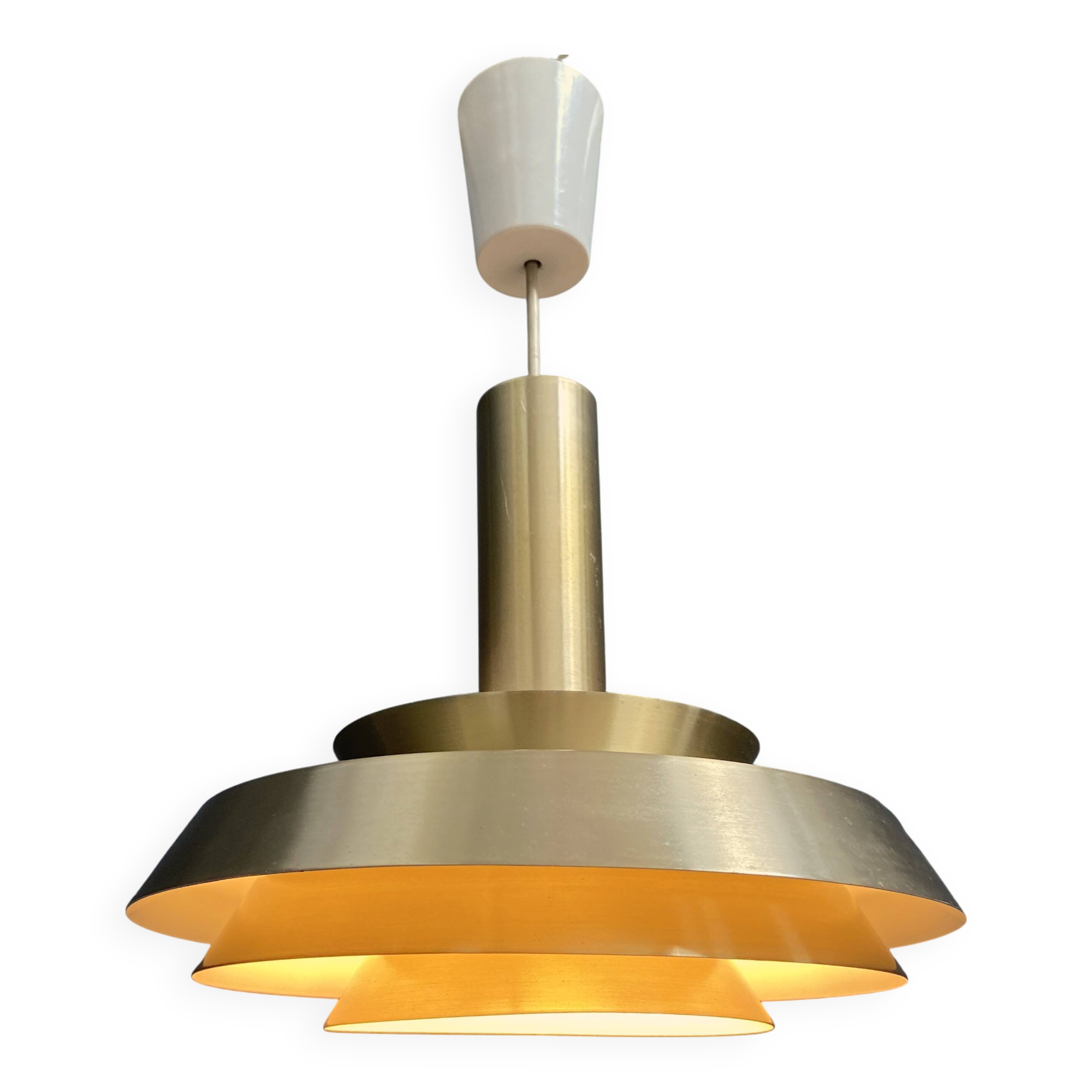 Lampe à suspension en métal VEB couleur laiton et blanc années 1960