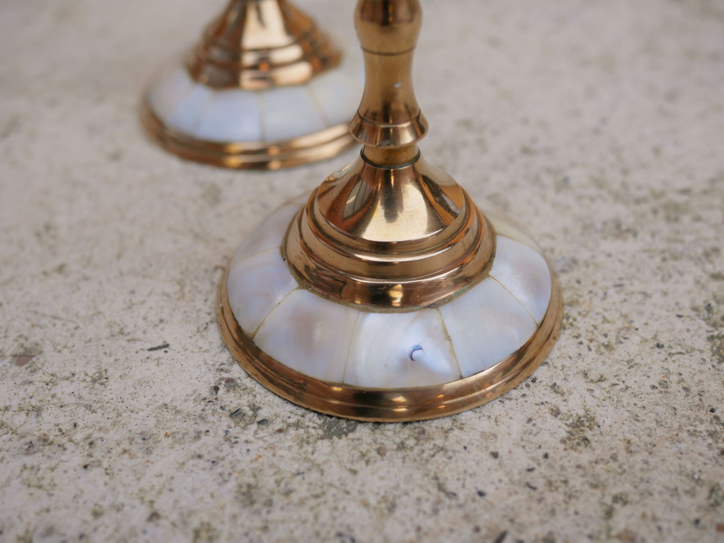 Pair of vintage brass and mother-of-pearl candlesticks