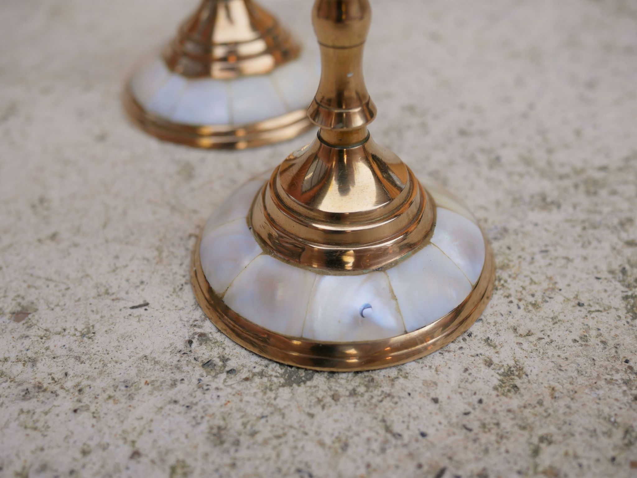 Pair of vintage brass and mother-of-pearl candlesticks