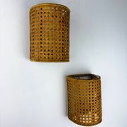Pair of mid-century woven wicker & rattan wall sconces – Italy 1960s
