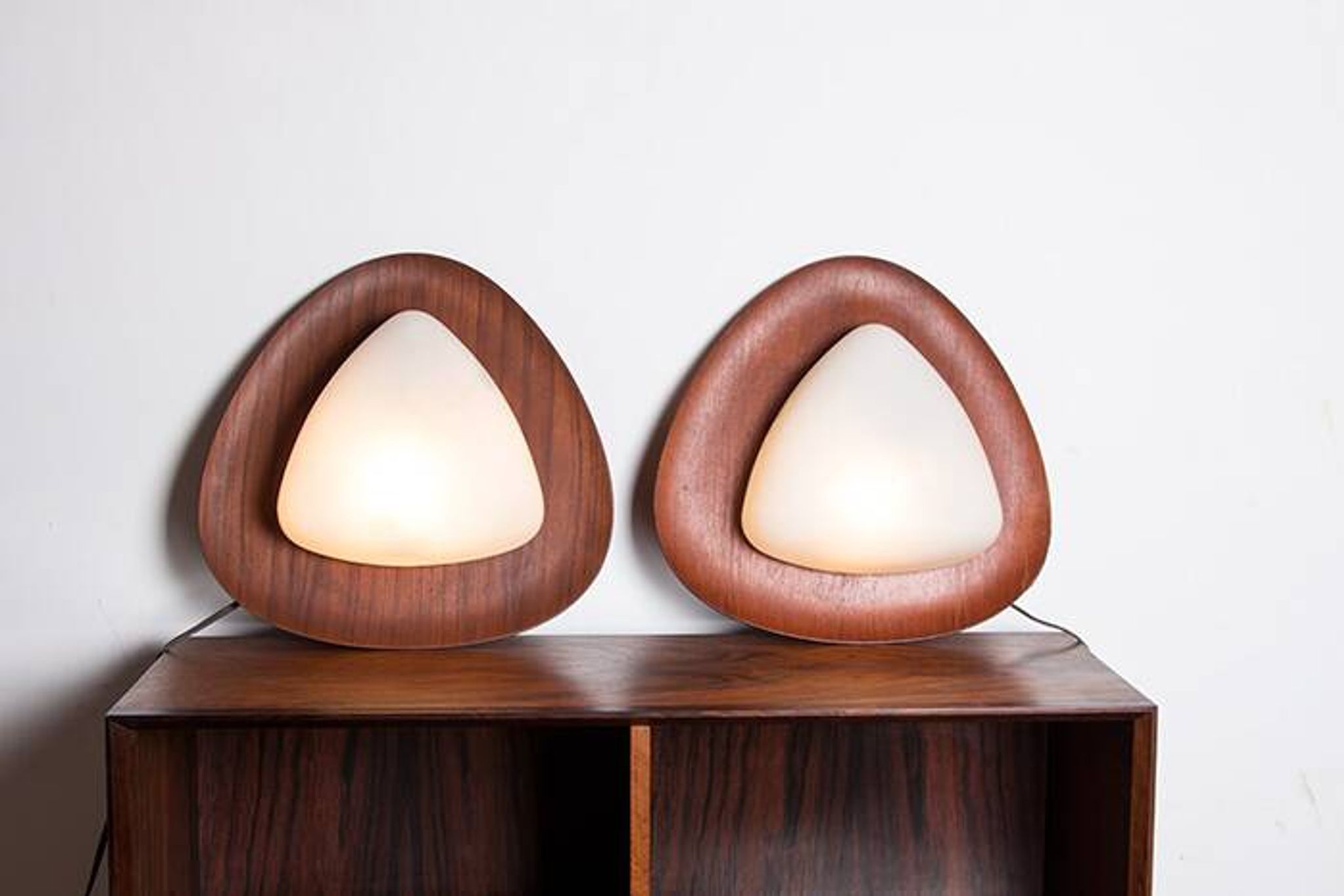 Pair of Italian teak and opaline wall lights by Goffredo Reggiani 1960.