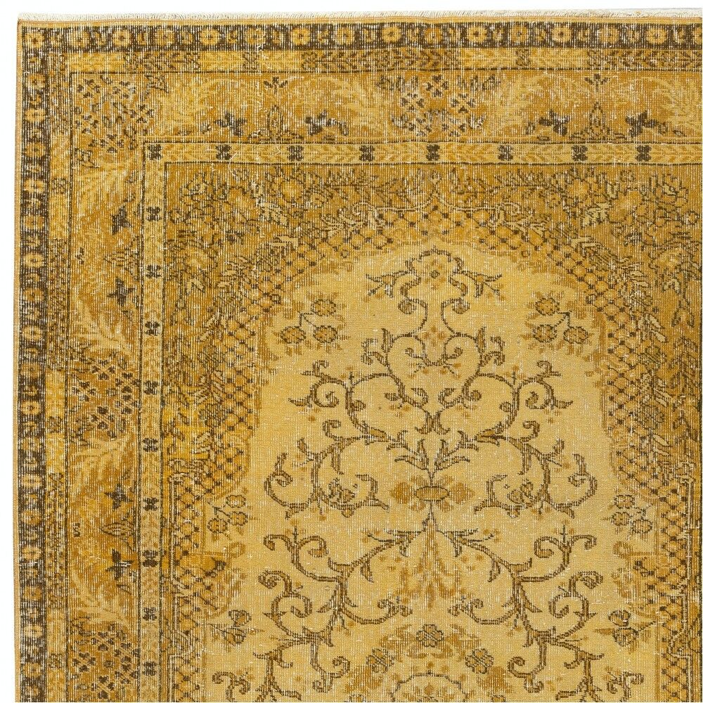 Yellow Overdyed Vintage Turkish Area Rug. Hand-Knotted Wool Carpet for Modern Interiors