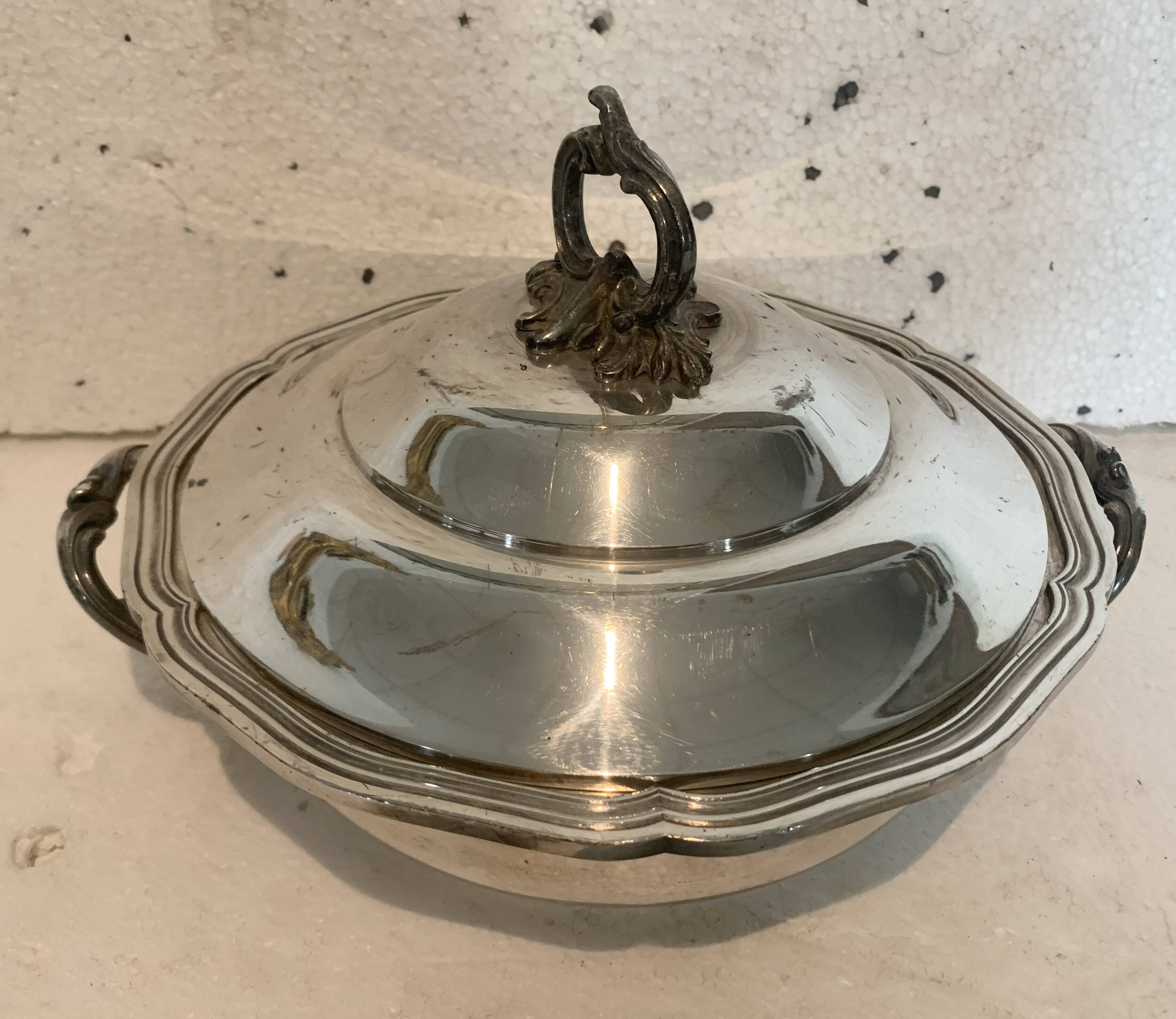 Covered broth and two small silver-plated dishes, 20th century