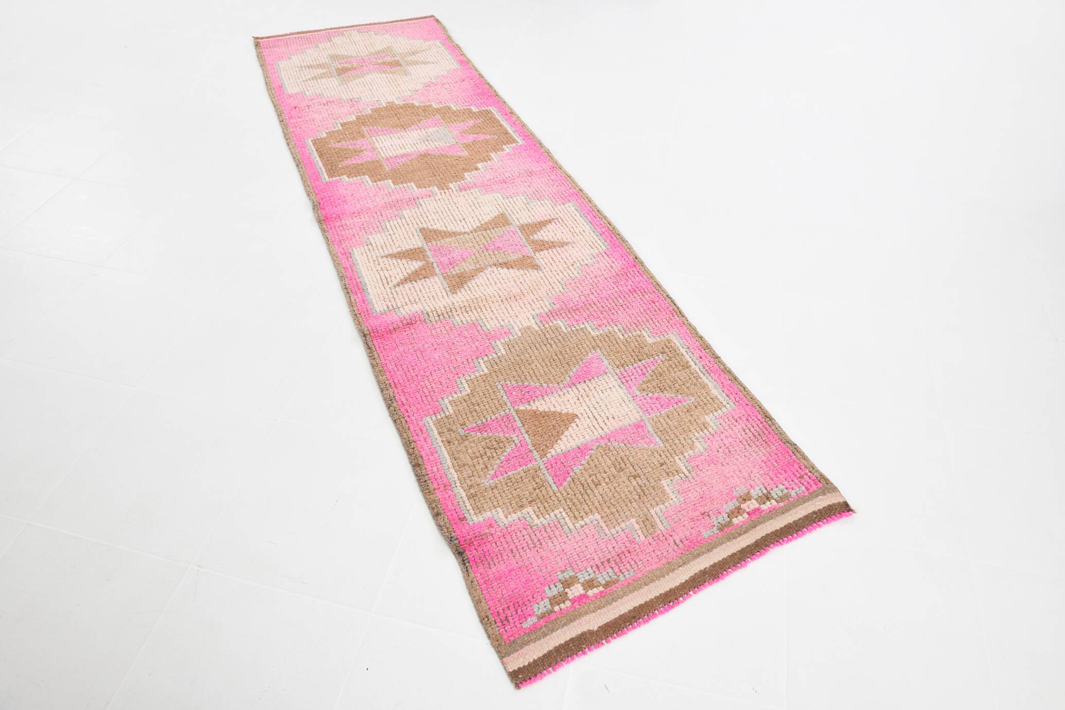 3x10 Fuchisa Pink & Caremel Brown Geometric Pattern Vintage Runner Rug