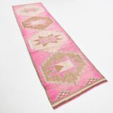 3x10 Fuchisa Pink & Caremel Brown Geometric Pattern Vintage Runner Rug
