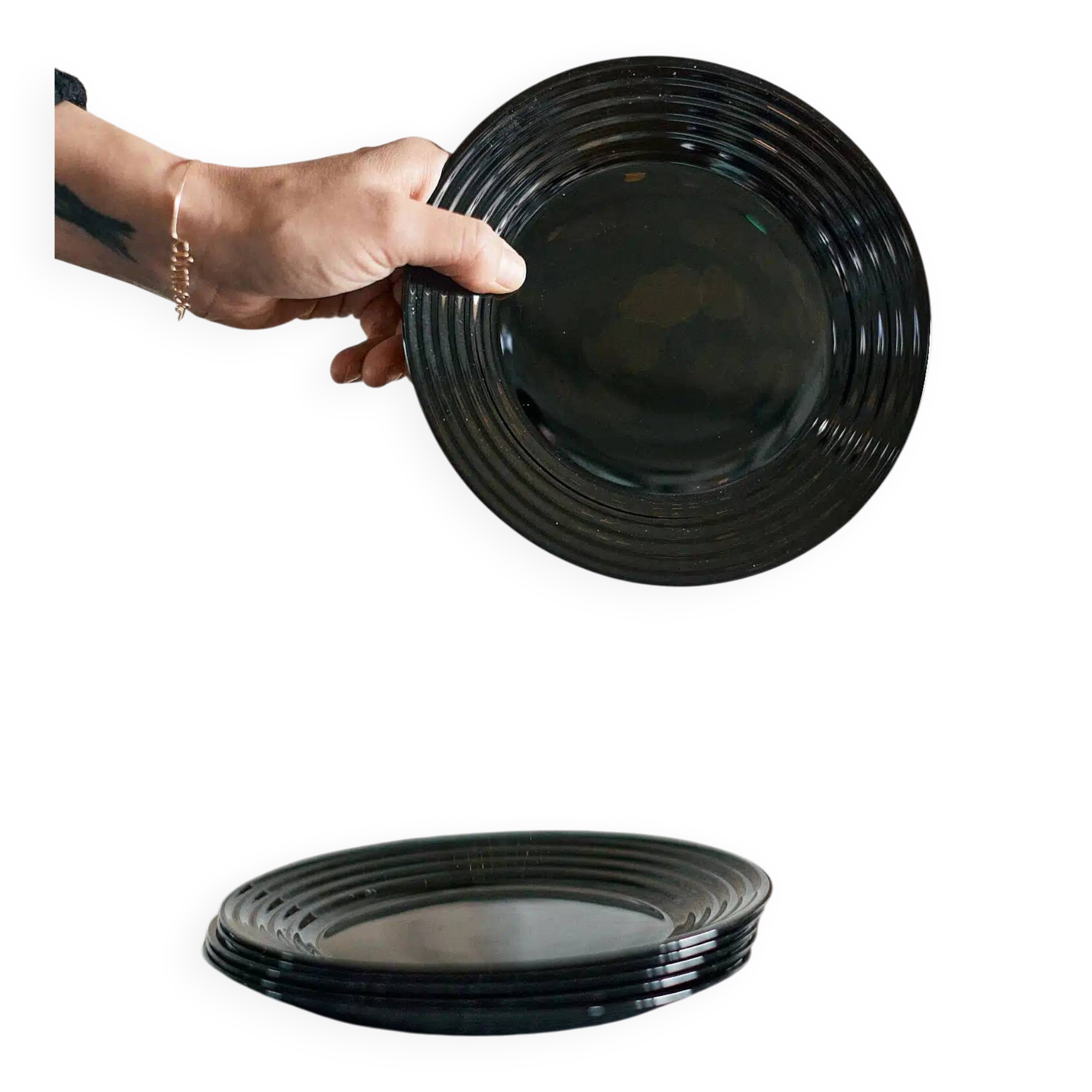 Set of 6 black glass plates "aechmea"