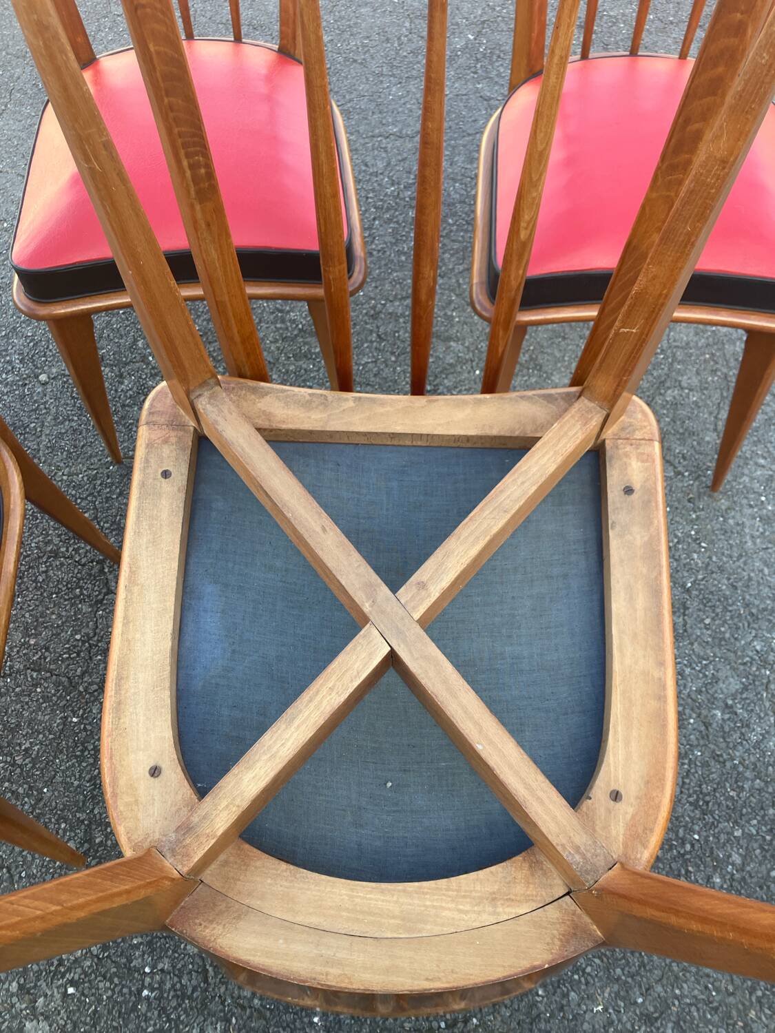 Set of five bistro chairs in wood and imitation leather, Charles Ramos Baumann style