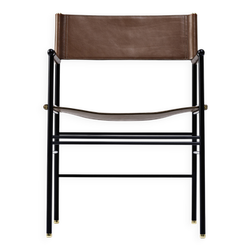 Classic bar stool with backrest. Dark brown and black leather.