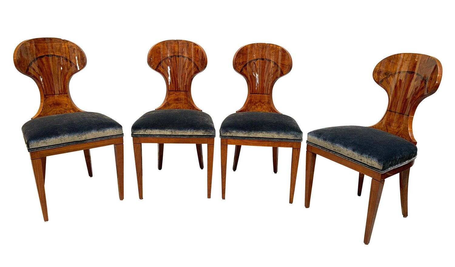 Biedermeier Ballon Chairs, Ash Veneer, Grey Velvet, Vienna, 1900, Set of 4