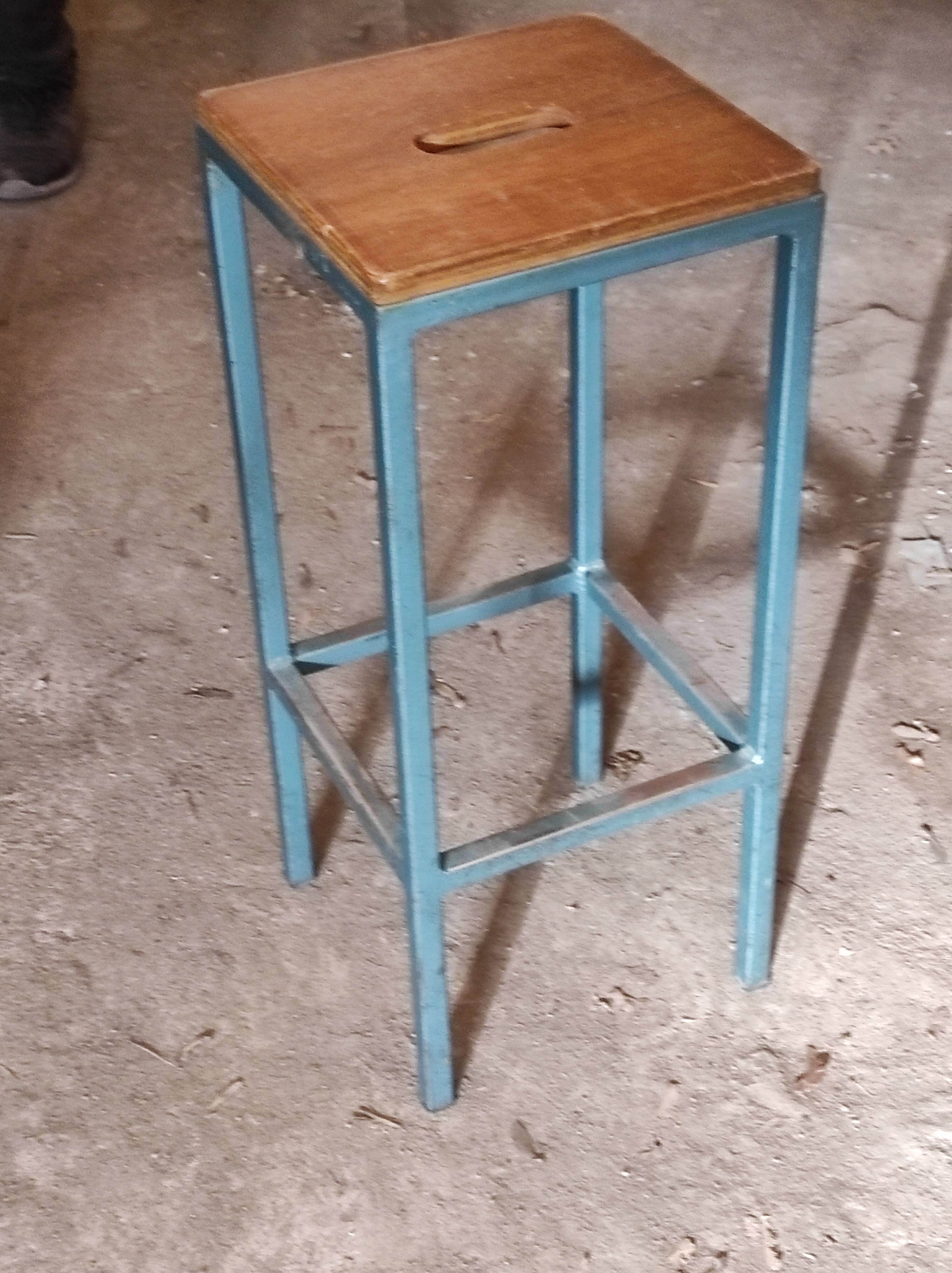 Blue metal workshop stool and industrial wood height 66 cm