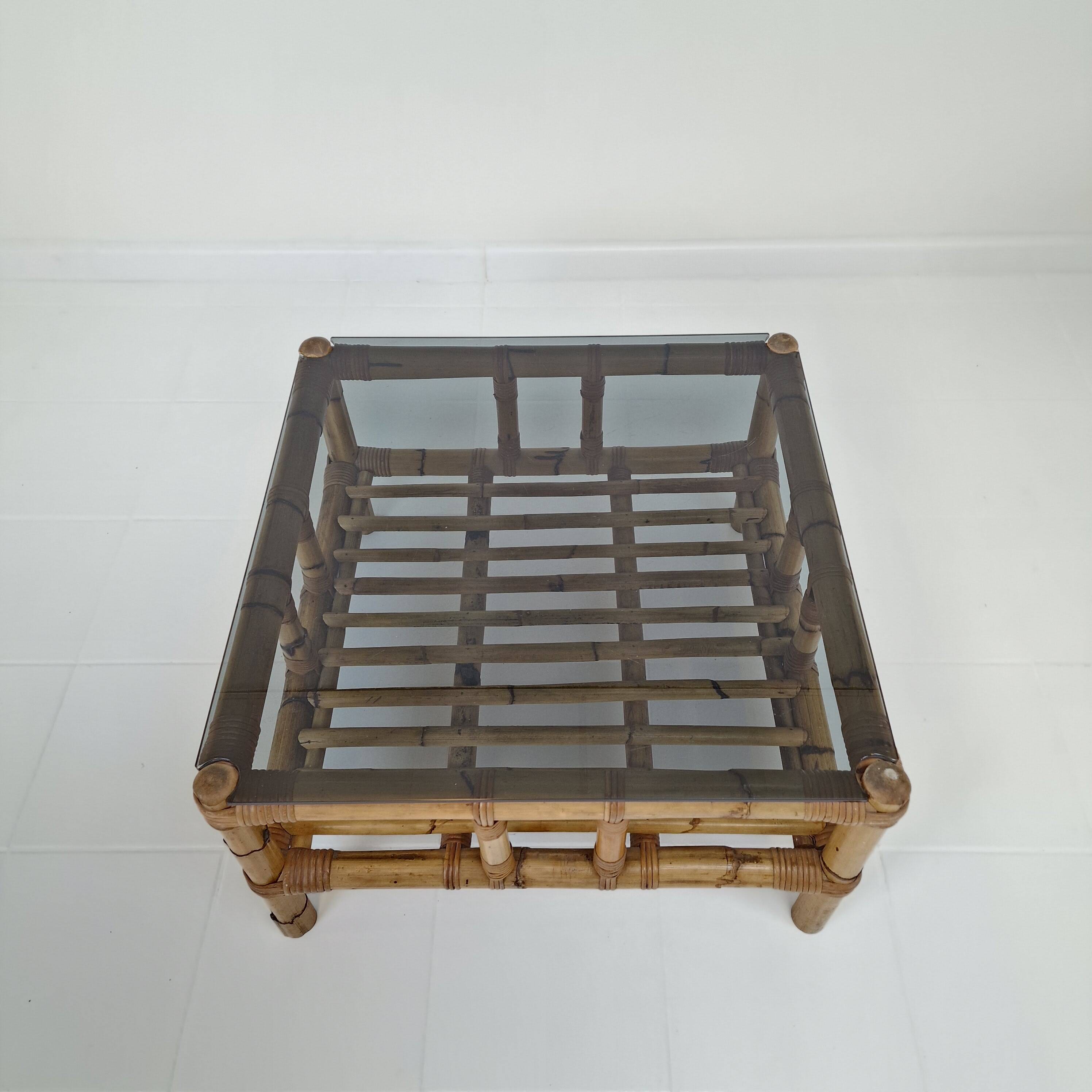 Italian bamboo coffee table with smoked glass, 1970s