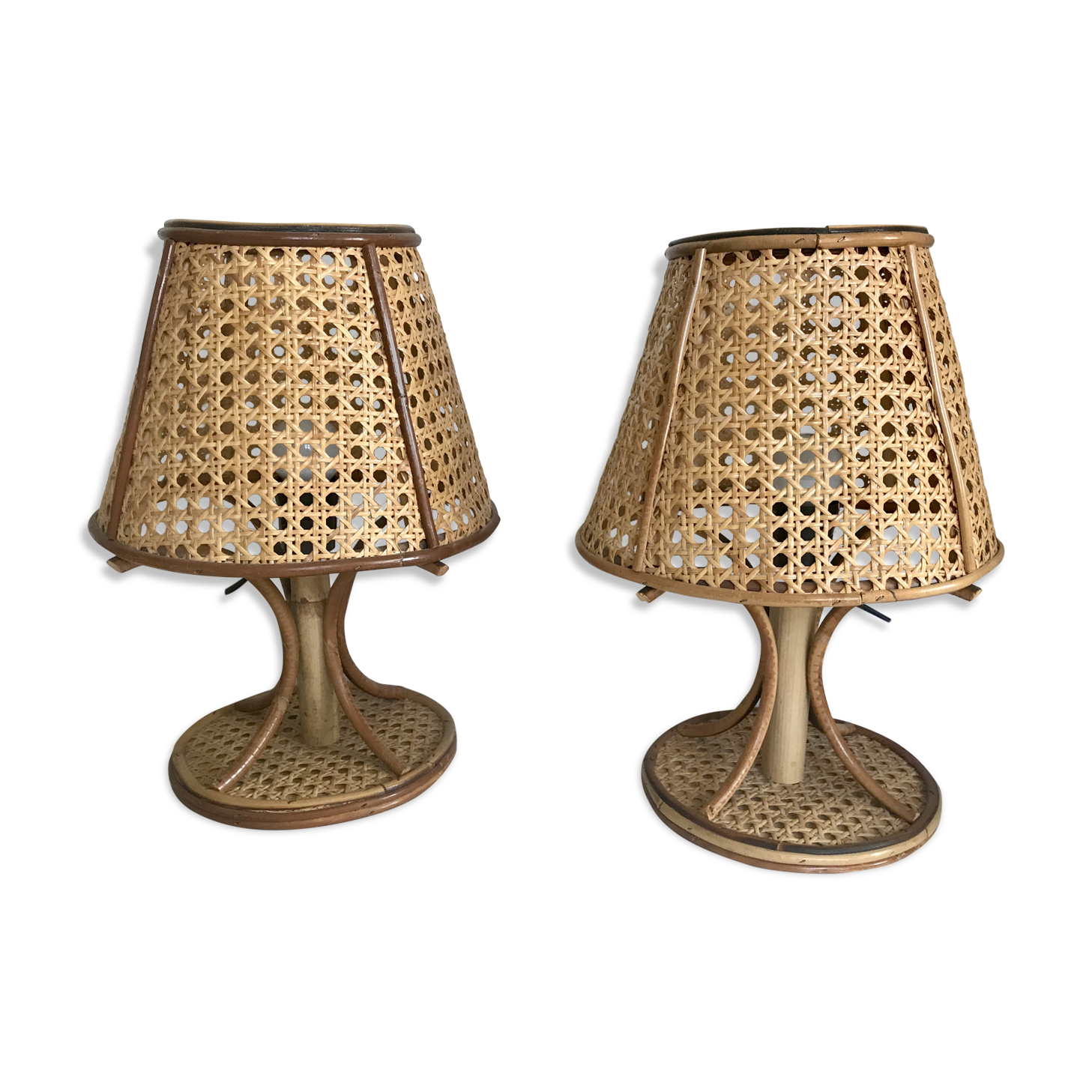 Vintage rattan bedside lamps duo