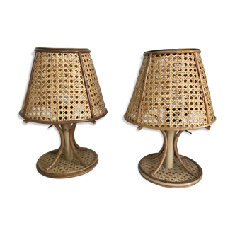Vintage rattan bedside lamps duo