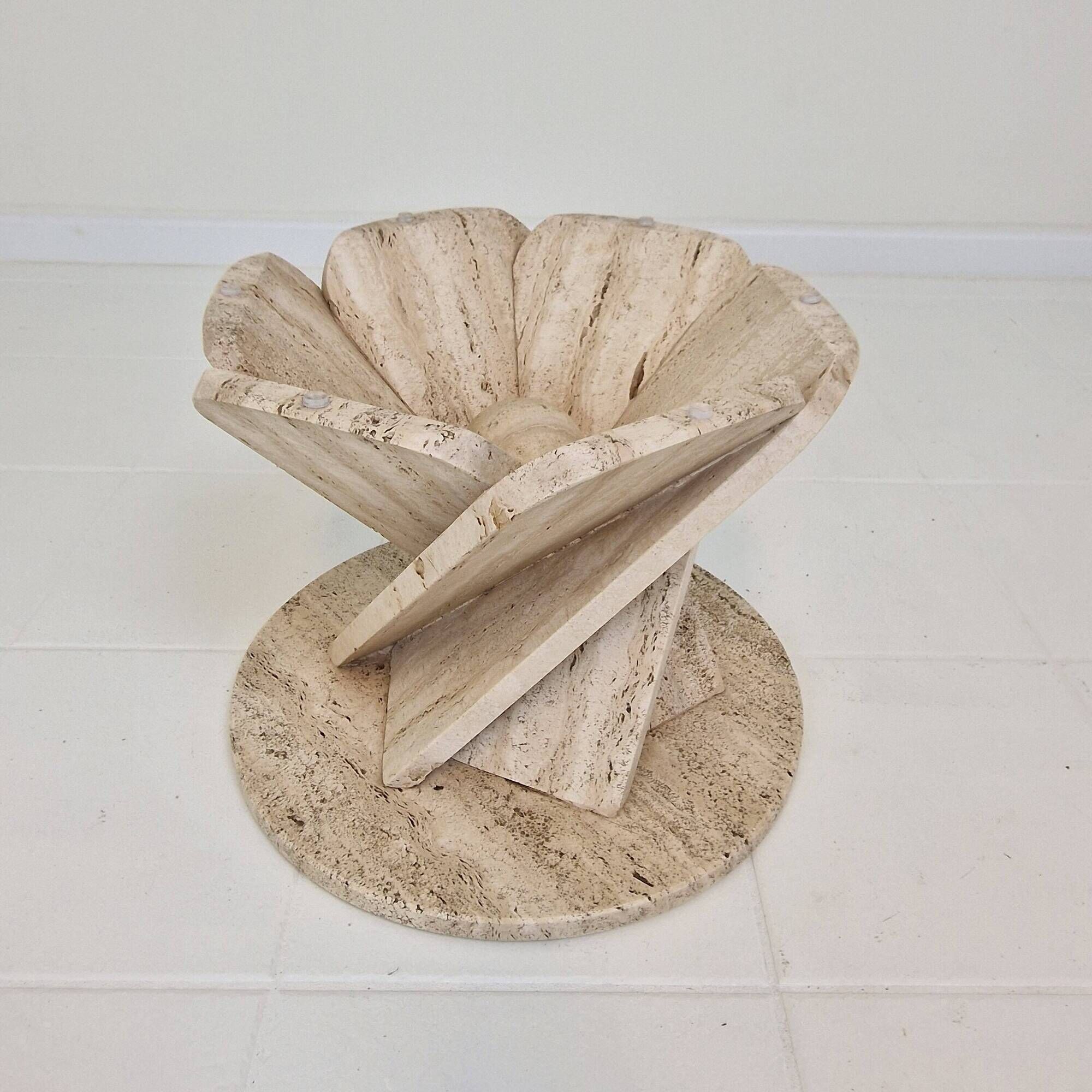 Italian "Flower" Coffee Table in Travertine With Facet-cut Round Plate, 1980s