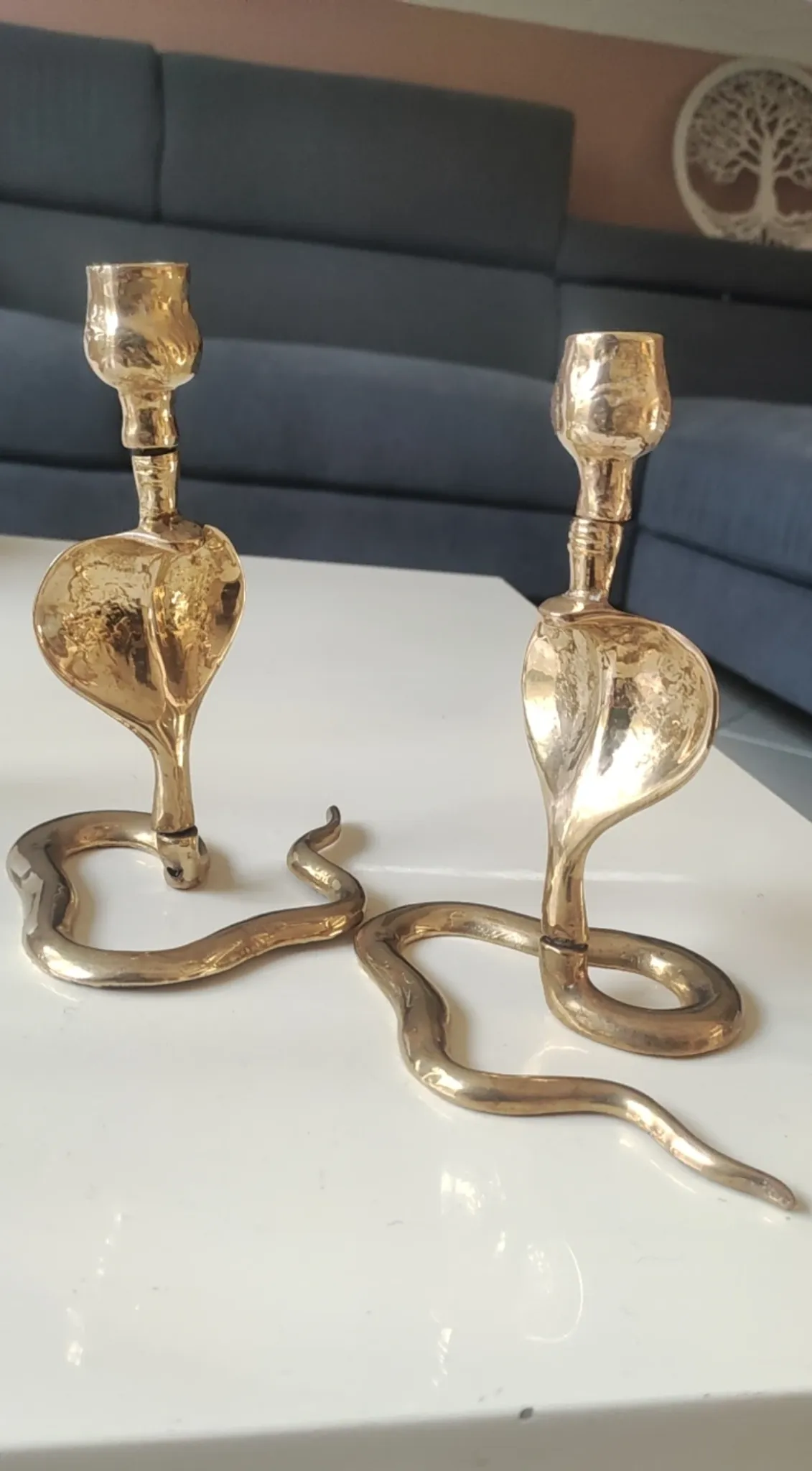 Pair of Antique Zoomorphic Cobra Candle Holders. In brass. India.