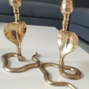 Pair of Antique Zoomorphic Cobra Candle Holders. In brass. India.