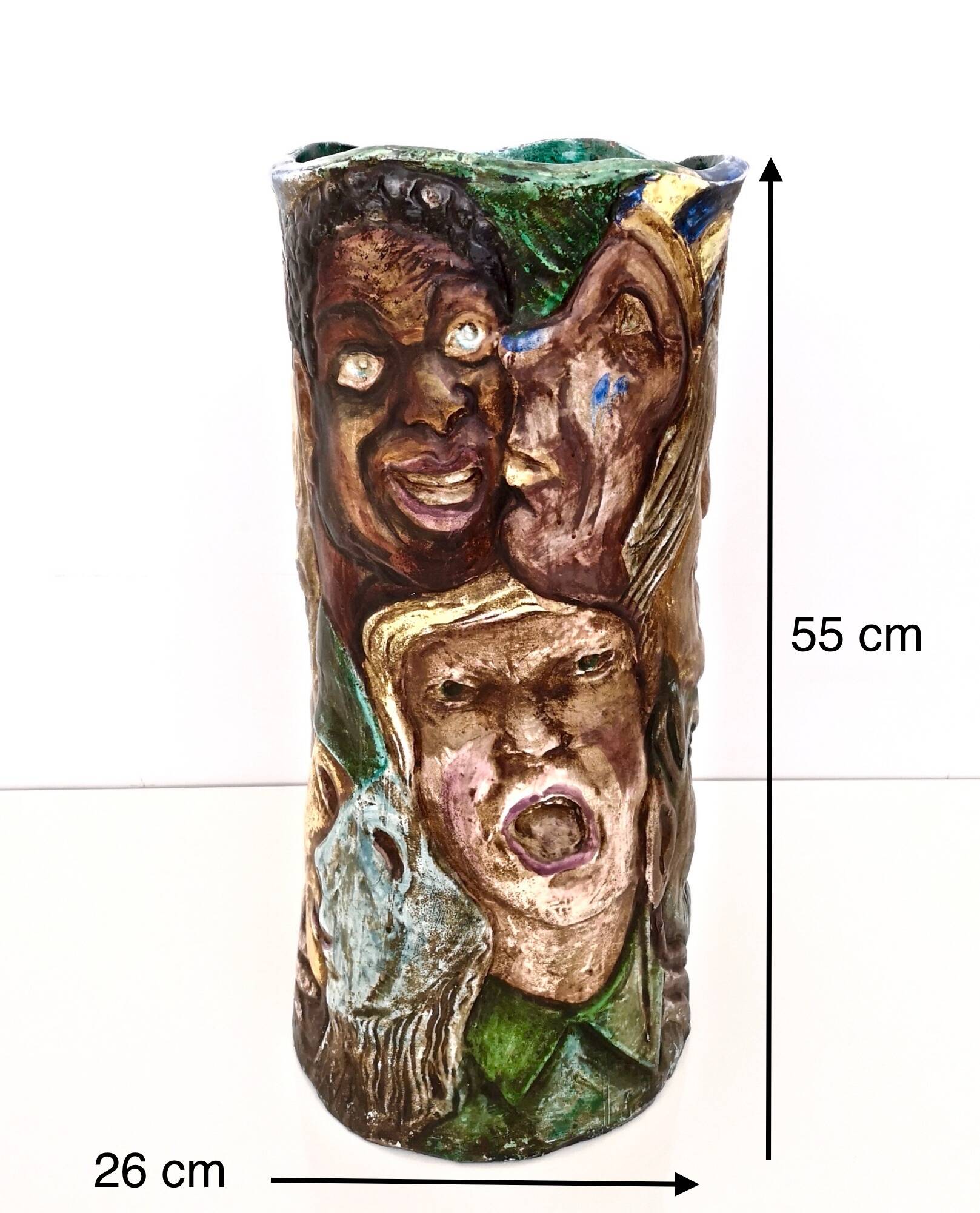 Unique Vintage Hand-Painted Vase with Faces Ascribable to Tullio d'Albisola