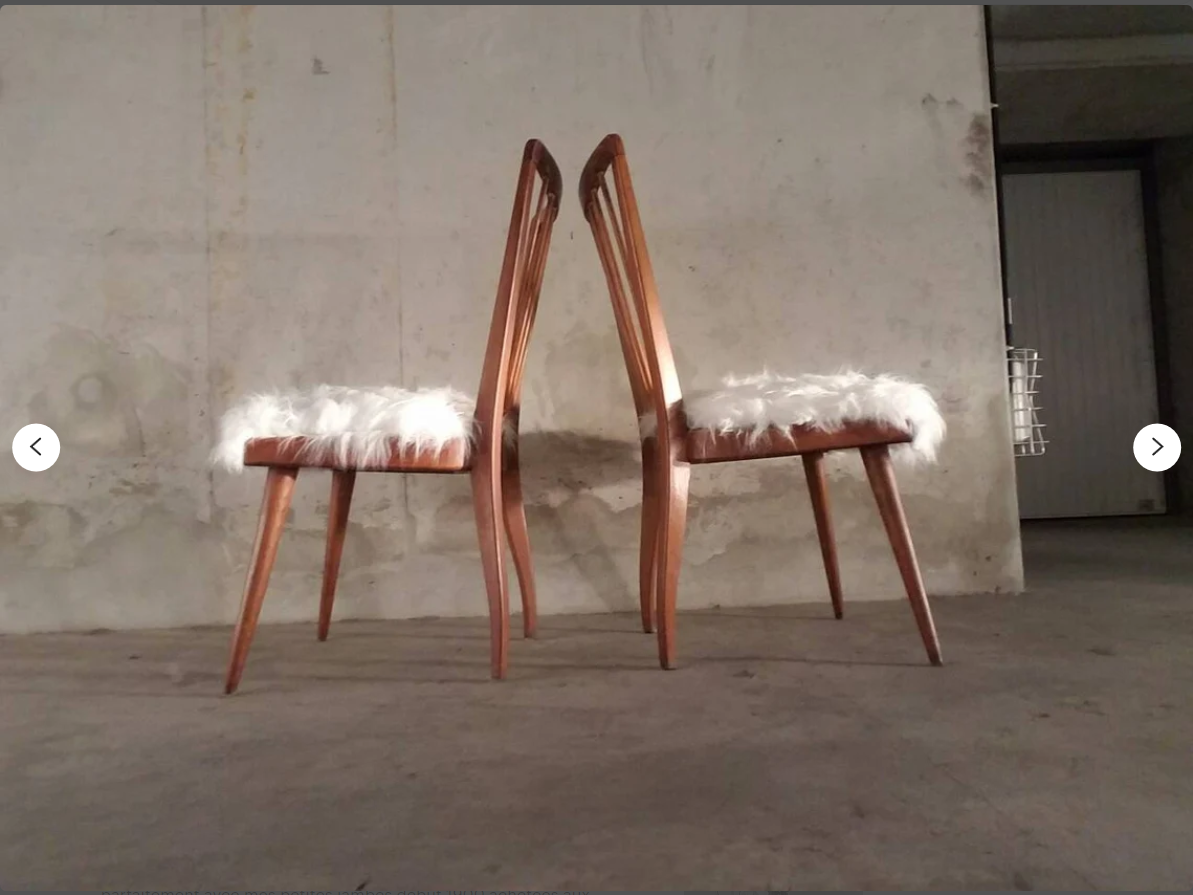 Pair of vintage Scandinavian Hygge chairs in solid wood and synthetic Mongolian sheepskin seat